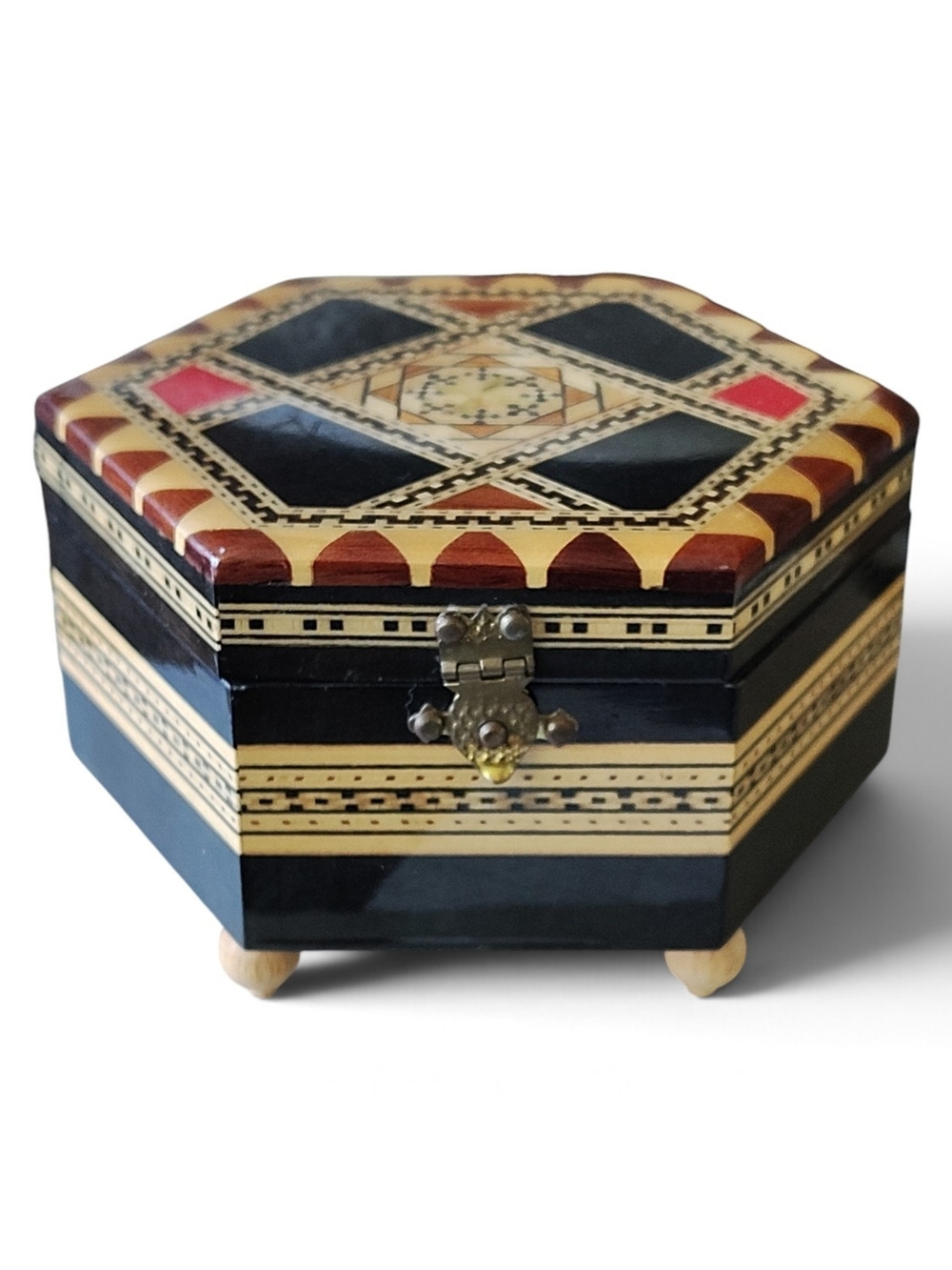 Vintage Spanish Marquetry Music Box Wooden Mosaic Jewelry Box